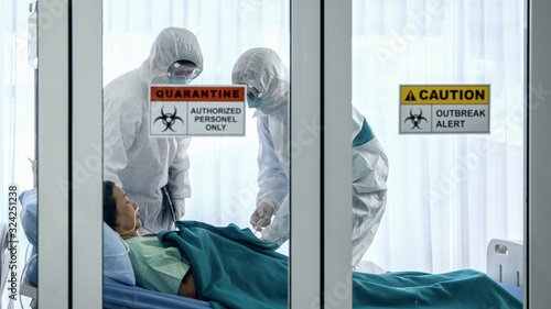 Canvas Print coronavirus covid 19 infected patient in quarantine room with quarantine and out