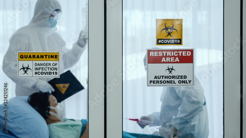 Photography coronavirus covid 19 infected patient in quarantine room with quarantine and out