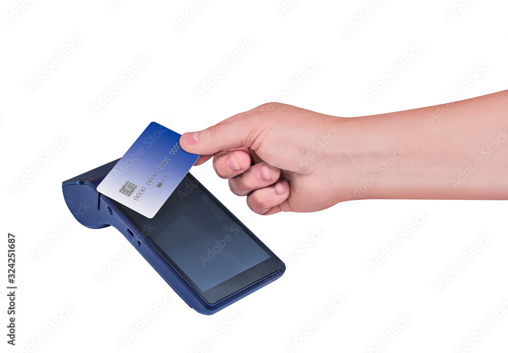 Modern blue payment terminal. Payment with a magnetic tape card. Hand holding a card. Isolated on white. Modern blue payment terminal. Payment with a magnetic tape card. Hand holding a card. Isolated on white.