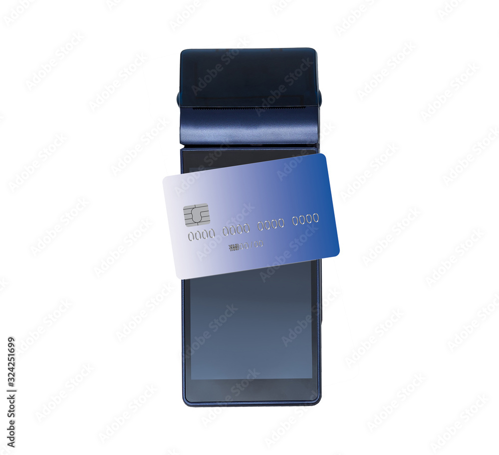 Obraz premium Modern blue payment terminal. Payment with card. Isolated on white.