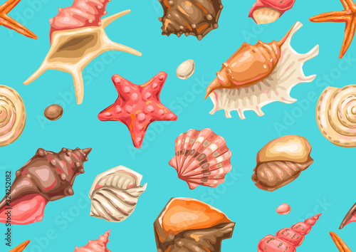 Seamless pattern with seashells. Tropical underwater mollusk shells.