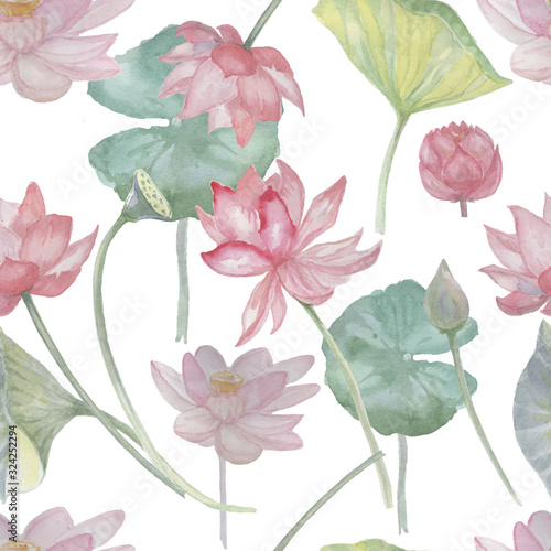  lotus water lily watercolor pattern seamless print textile paper background hand drawn sketch nature flower flowers bud leaves natural spa exotic oriental summer spring delicate flora flowering plan