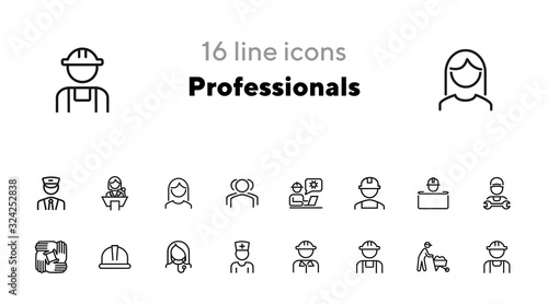 Professionals line icon set. Set off line icons on white background. Doctor, engineer, builder. Job concept. Vector illustration can be used for topics like career, sociality, business