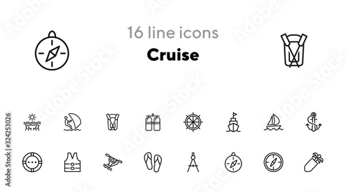 Cruise icons. Set of line icons on white background. Compass, rafting, anchor, life saver ring. Sea touring concept. Vector illustration can be used for topics like travel, vacation, tourism