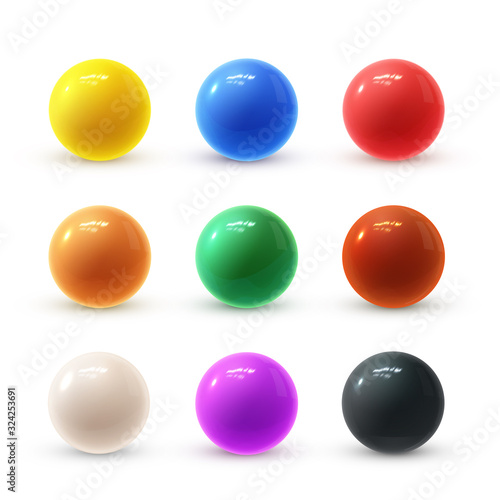 Realistic modern vector set of colorful shiny glossy plastic balls with glare reflections