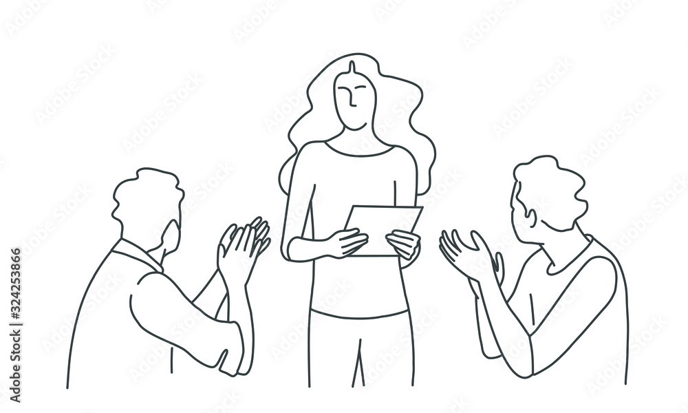 Line drawing illustration of business people applause to woman.