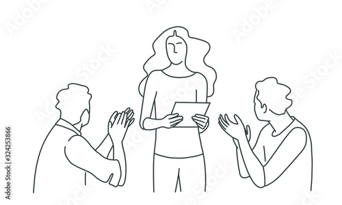 Line drawing illustration of business people applause to woman.
