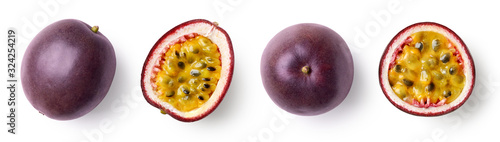 Set of whole and half of fresh passion fruit