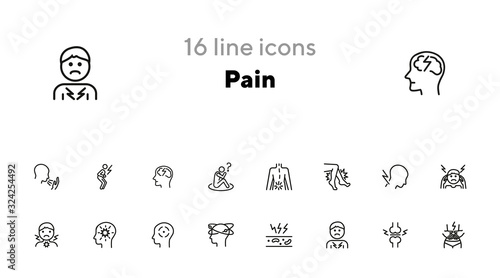 Pain line icon set. Headache, sore throat, stomach ache. Health care concept. Can be used for topics like illness, disease, symptoms