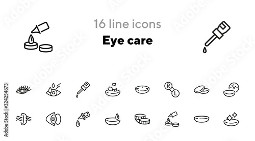 Eye care line icon set. Lens, container, solution. Vision concept. Can be used for topics like sight, ophthalmology, medicine