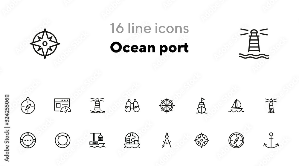 Ocean port line icon set. Boat, ship, lighthouse, compass. Marine concept. Can be used for topics like nautical navigation, sailing, ship - obrazy, fototapety, plakaty 