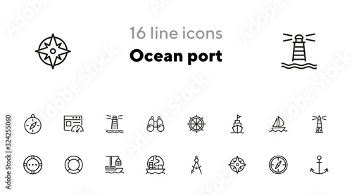 Ocean port line icon set. Boat, ship, lighthouse, compass. Marine concept. Can be used for topics like nautical navigation, sailing, ship