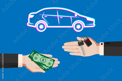 Hand in suit gives car keys after sale. Buying a property for sale. Vector, Horizontal