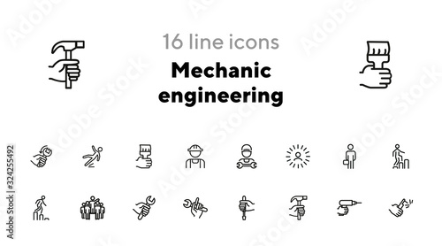 Mechanic engineering icons. Set of line icons on white background. Worker, equipment, drill. Job concept. Vector illustration can be used for topics like working, mechanic, industry