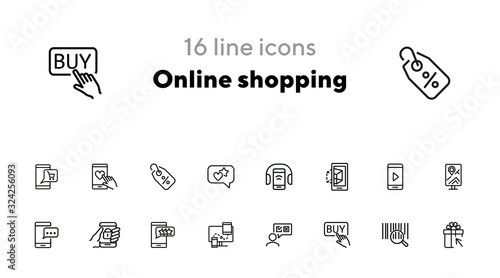 Online shopping icons. Set of line icons. Shop rating, mobile messenger, barcode. Mobile developing concept. Vector illustration can be used for topics like shopping, technology, mobile applications