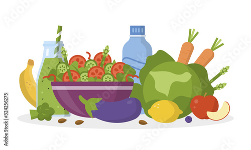 Alkaline diet concept. Alkaline food on the table. Flat design. Vector illustration.