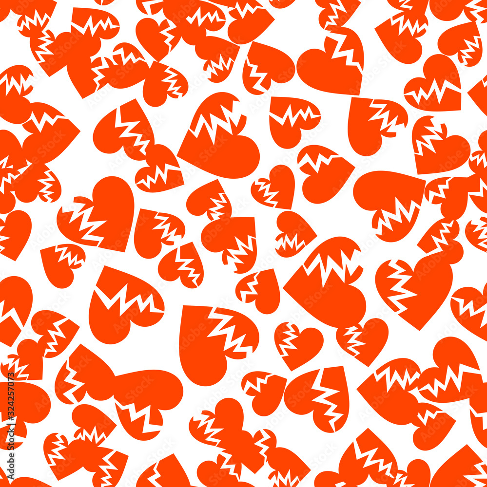 Cracked hearts seamless pattern in red and white colors. Unhappy love concept. Wrapping texture for Valentine day greeting card design. Randomly placed wrecked heart shapes. Vector EPS8 illustration.