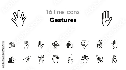 Gestures line icon set. Like, dislike, finger crossed. Gesturing concept. Can be used for topics like hand language, signs, communication