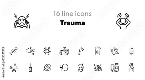 Trauma line icon set. Set of line icons on white background. Healthcare concept. Drug product, pain, surgery. Vector illustration can be used for topics like medicine, health, treatment
