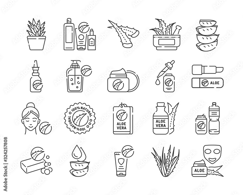 Plakat Aloe black line icons set. Care products with aloe extract for face and body. Slincare. Cosmetics. Pictogram for web page, mobile app, promo. UI UX GUI design element. Editable stroke.