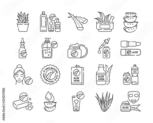 Aloe black line icons set. Care products with aloe extract for face and body. Slincare. Cosmetics. Pictogram for web page, mobile app, promo. UI UX GUI design element. Editable stroke.