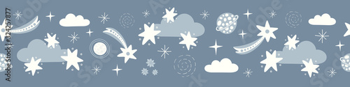 Space pattern border. Cute vector solar system repeat design banner background.