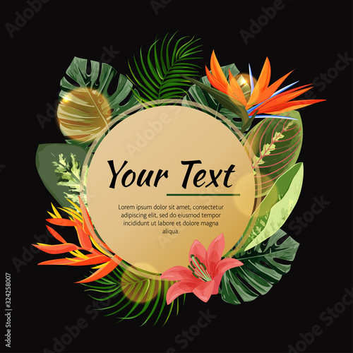 Summer card with flowers and leaves on a black background. Vector exotic illustration.