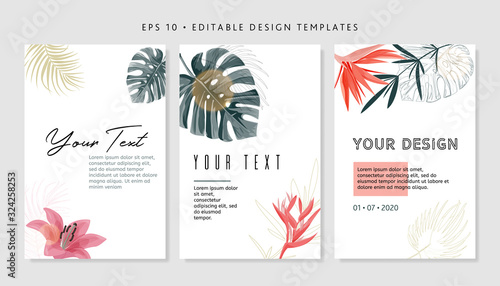 Bright tropical design template. Text area with pink monstera leaves and sun flares.
