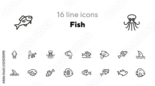 Fish line icon set. Shark, stingray, flounder, puffer fish. Nature concept. Can be used for topics like seafood, fish market, sea, ocean