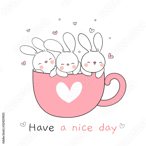 Draw rabbit sleeping in pink cup of coffee for spring.