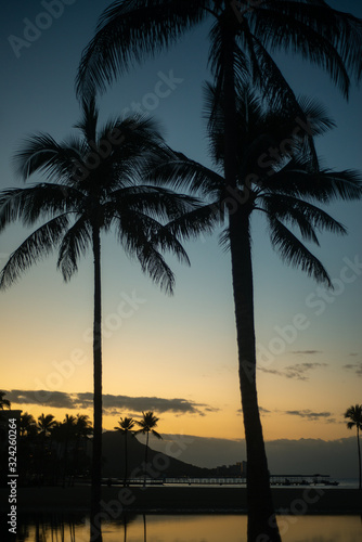Palm Trees Silhouetted at Sunrise With Lagoon and Diamond Head Beaches in the Background © ystewarthenderson