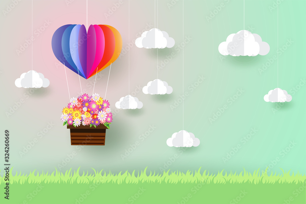 Fototapeta premium Colorful air balloon in the sky, paper art style