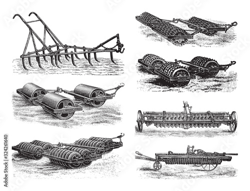 Old agriculture rollers / vintage illustration from Brockhaus Konversations-Lexikon 1908