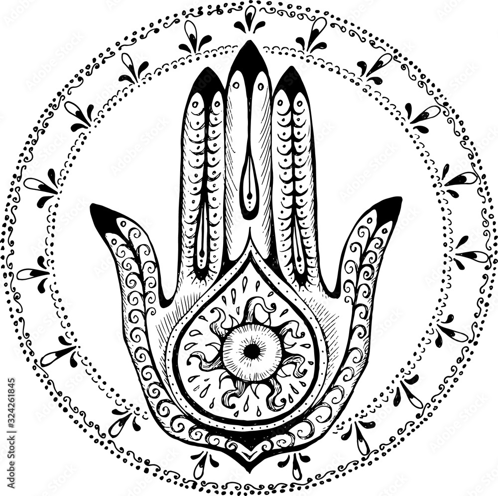 Khamsa. Hand of Fatima. Palm-shaped amulet. Vector freehand illustration Khamsa. Hand of Fatima. Palm-shaped amulet. Vector freehand illustration