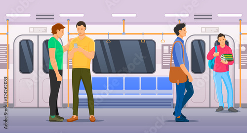 People standing inside subway transport metro. Men, women, older people and children in public transport. Passenger train with carriage interior, train travel inside cartoon vector