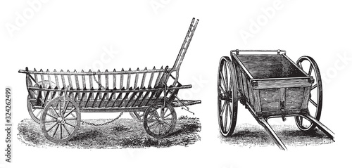 Old wooden agriculture cart / vintage illustration from Brockhaus Konversations-Lexikon 1908