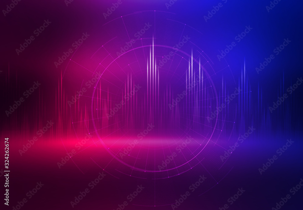 Obraz premium Background of an empty show scene. Ultraviolet abstract background. Geometric Neon Shapes, Equalizer