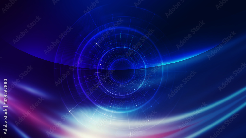 Dark tech abstract background with neon glow. Cyber circle laser figure on abstract background