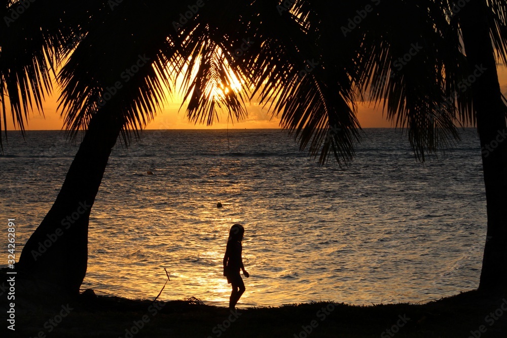 Silhouette of a girl walking along the beach with the water turned to ...