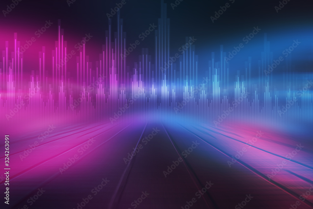 Background of an empty show scene. Ultraviolet abstract background. Geometric Neon Shapes, Equalizer