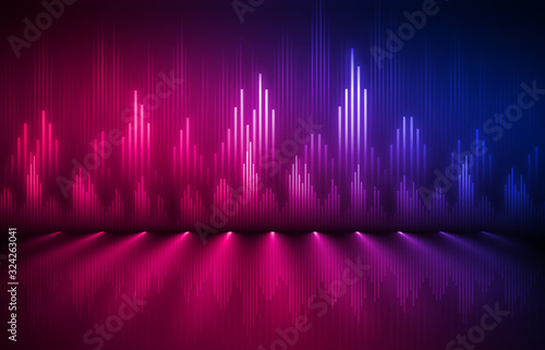 Background of an empty show scene. Ultraviolet abstract background. Geometric Neon Shapes, Equalizer photo