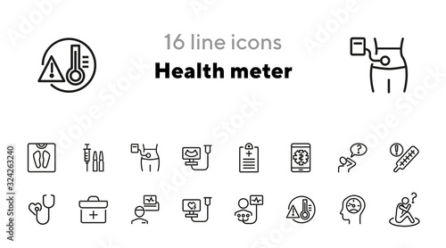 Health meter line icon set. First aid kit, heartbeat, screening. Medicine concept. Can be used for topics like medical examination, clinic, service