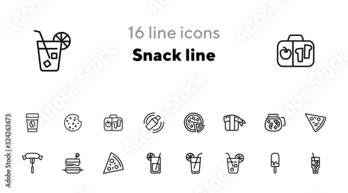 Snack line icons. Set of line icons on white background. Picnic concept. Pizza, cocktail, sausage. Can be used for topics like catering, food, barbeque