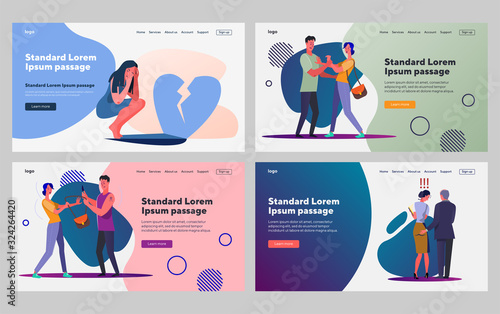Male aggression set. Man and woman fighting, broken heart, abuse. Flat vector illustrations. Harassment, violence, discrimination concept for banner, website design or landing web page