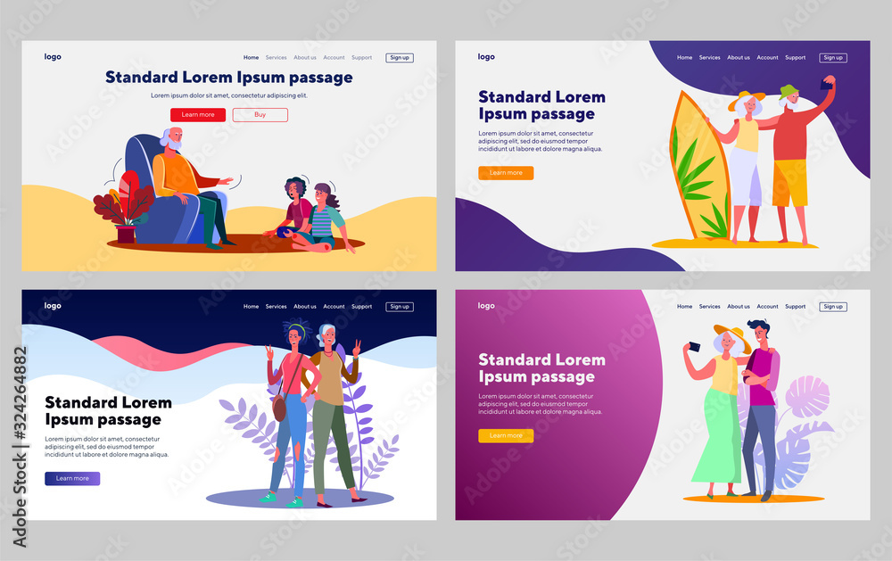 Senior people spending time with family set. Couple taking selfie, children with grandpa. Flat vector illustrations. Togetherness, leisure concept for banner, website design or landing web page Senior people spending time with family set. Couple taking selfie, children with grandpa. Flat vector illustrations. Togetherness, leisure concept for banner, website design or landing web page