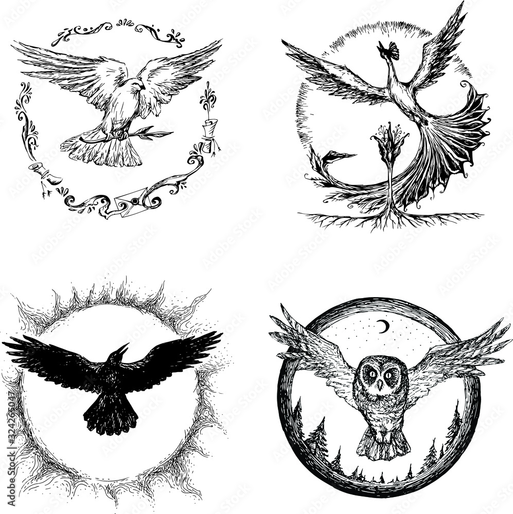 Fototapeta premium Totem birds. Owl, crow, pigeon, peacock. Illustration, sketch