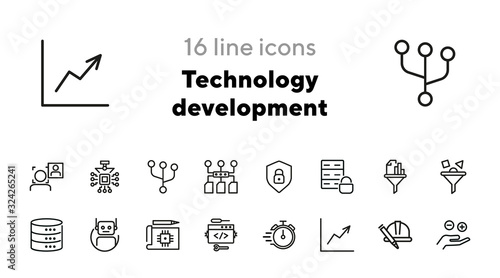 Technology development line icon set. Database, face detection, filter. Information technology concept. Can be used for topics like data processing, coding, software