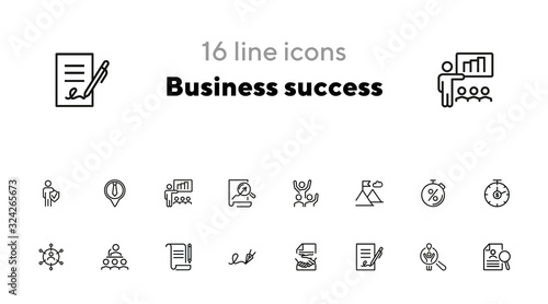 Business success line icon set. Win, peak with flag, agreement. Business concept. Can be used for topics like leadership, contract, deal