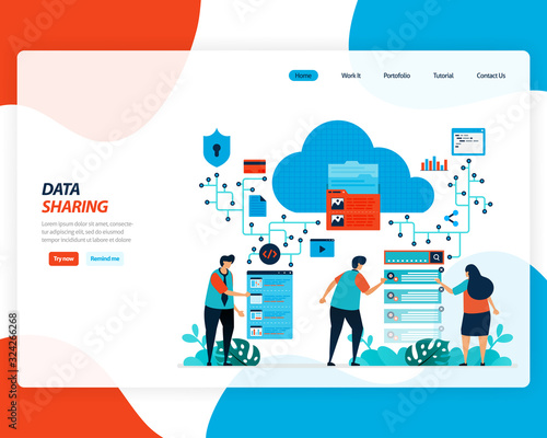 vector cartoon illustration of data sharing technology, remote worker, network industry 4.0, people sending work file. cloud improvement to upload is effective. for website, landing page, mobile app