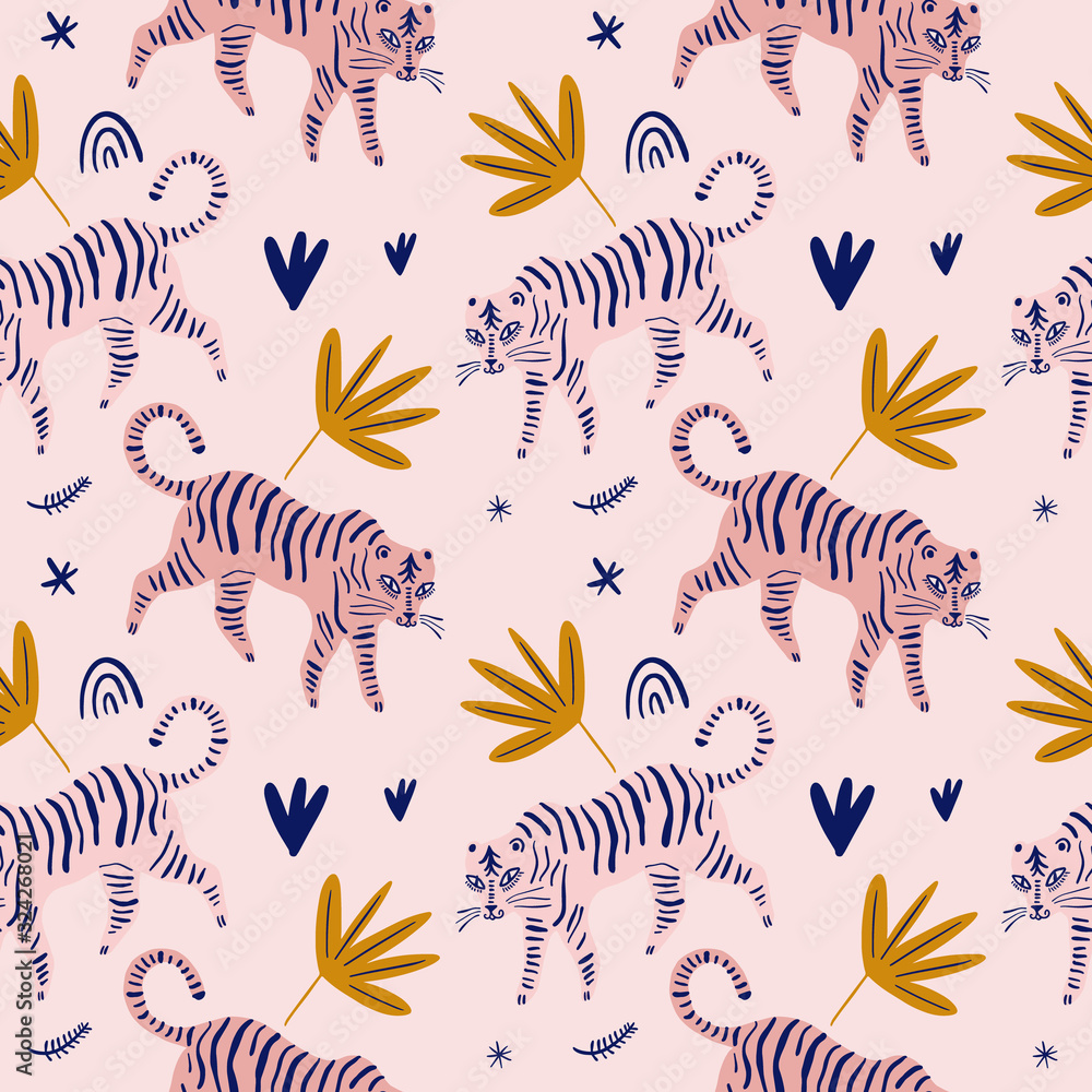 Cute tiger cat seamless pattern vector print, nursery illustration in scandinavian style, animal pink skin repeat design, kids wrapping paper
